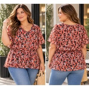 Lane Bryant Floral Chiffon Blouse Women's 22 2X Coral Black White Flutter NWOT